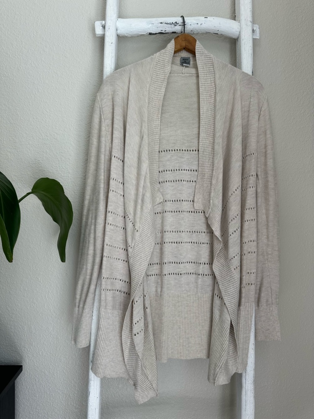 Poof! Beige Open-Front Draped Eyelet Cardigan